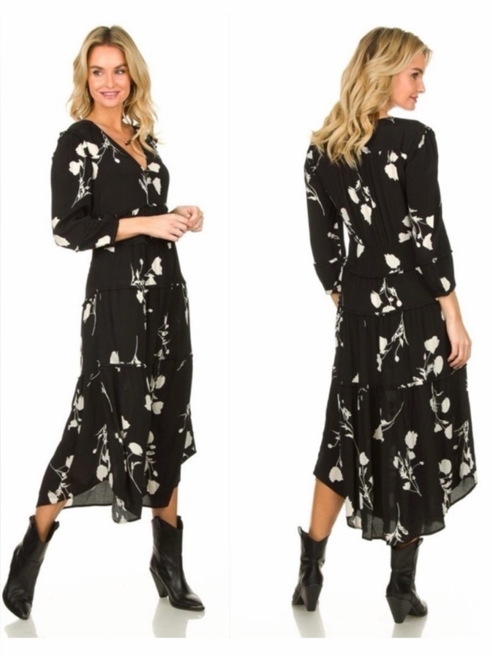 ba&sh Paule Floral Tiered Midi Dress Black White Worn on TV Small